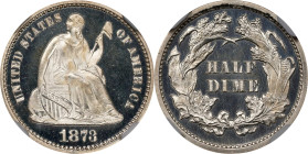 1873 Liberty Seated Half Dime. Proof-68 Cameo (NGC).
PCGS# 84456. NGC ID: 236A.
Combined PCGS and NGC Population: 3 in Proof-68, all in the Cameo ca...