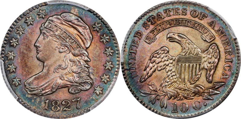 1827 Capped Bust Dime. JR-3. Rarity-1. Pointed Top 1 in 10 C. MS-65 (PCGS).
PCG...