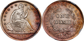 1839 Liberty Seated Dime. No Drapery. Fortin-102. Rarity-3. Repunched Date. MS-67 (NGC).
PCGS# 4571. NGC ID: 237X.
NGC Census: 11; 9 finer (MS-68 * ...