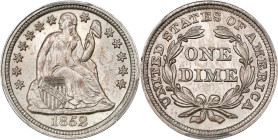 1852 Liberty Seated Dime. Fortin-106. Rarity-3. MS-67 (PCGS). CAC.
PCGS# 4597. NGC ID: 238N.
PCGS Population 3; 2 finer (both MS-67+). CAC Populatio...
