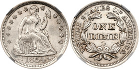 1854-O Liberty Seated Dime. Arrows. MS-67 (NGC).
PCGS# 4606. NGC ID: 239B.
NGC Census: 4; 0 finer. There are no examples graded finer than MS-66+ at...