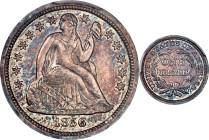1856 Liberty Seated Dime. Small Date. Fortin-101. Rarity-6+. Doubled Die Obverse. Proof-65 (PCGS).
PCGS# 4745. NGC ID: 23CA.
PCGS Population: 5; 4 f...