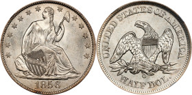 1856-O Liberty Seated Half Dollar. WB-14. Rarity-2. Repunched Date. MS-66 (NGC).
PCGS# 6288. NGC ID: 24HP.
NGC Census: 4; 0 finer. The corresponding...