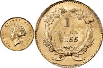 1855 Gold Dollar. Type II. MS-66 (PCGS).
PCGS# 7532. NGC ID: 25C4.
PCGS Population: 14; 11 finer (MS-67 finest).