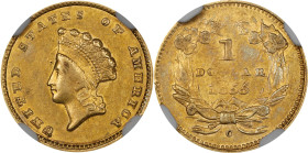 1855-C Gold Dollar. Type II. Winter-1. AU-58 (NGC).
PCGS# 7533. NGC ID: 25C5.