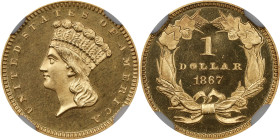 1867 Gold Dollar. JD-1, the only known dies. Rarity-6+. Proof-66 Cameo (NGC).
PCGS# 87617. NGC ID: 25EA.
NGC Census: 2; none are graded higher in an...