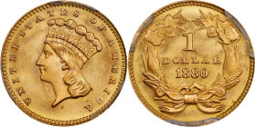 1880 Gold Dollar. MS-68 (PCGS).
PCGS# 7581. NGC ID: 25DJ.
PCGS Population: 36; 5 finer (MS-69 finest).