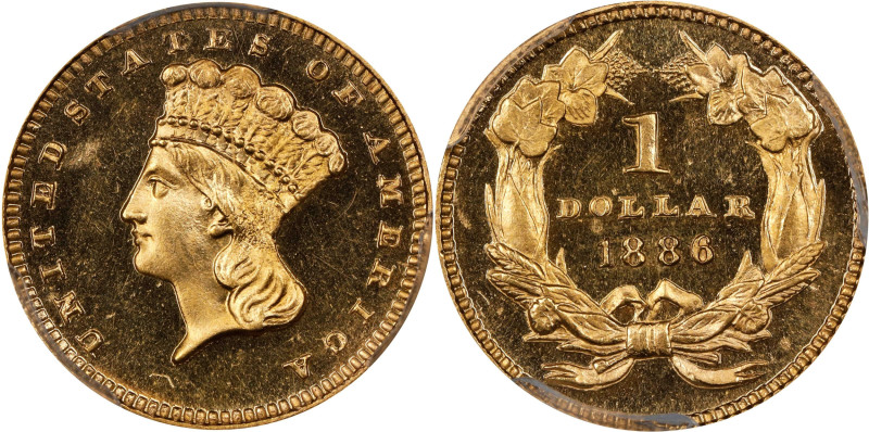 1886 Gold Dollar. JD-1. Rarity-4. Centered Date. Proof-65 Cameo (PCGS).
PCGS# 8...