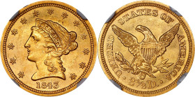 1843-O Liberty Head Quarter Eagle. Small Date, Crosslet 4. Winter-5. MS-64 (NGC).
PCGS# 7731. NGC ID: 25GR.
NGC Census: 4; 2 finer (MS-66 finest). T...