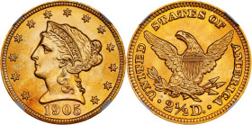 1905 Liberty Head Quarter Eagle. MS-68 (NGC).
PCGS# 7857. NGC ID: 25LW.
NGC Census: 12; 0 finer. The corresponding PCGS Population is 5/0.