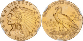 1908 Indian Quarter Eagle. JD-1, the only known dies. Rarity-4. Proof-67 (NGC).
PCGS# 7957. NGC ID: 289G.
NGC Census: 30; 6 finer (Proof-68 finest).