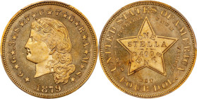 1879 Four-Dollar Gold Stella. Flowing Hair. Judd-1635, Pollock-1833, JD-1. Rarity-3. Gold. Reeded Edge. Proof-67 Cameo (PCGS).
PCGS# 88057. NGC ID: 2...