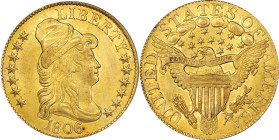 1806 Capped Bust Right Half Eagle. BD-6. Rarity-2. Round-Top 6, Stars 7x6. MS-63 (PCGS). CAC.
PCGS# 8089. NGC ID: 25P5.