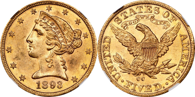 1893-CC Liberty Head Half Eagle. MS-63 (NGC).
PCGS# 8384. NGC ID: 25YB.
NGC Ce...