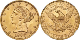 1906-D Liberty Head Half Eagle. MS-66+ (NGC).
PCGS# 8414. NGC ID: 25ZA.
NGC Census: 1; 0 finer at this service.