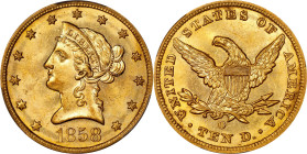 1858-O Liberty Head Eagle. Winter-1, the only known dies. MS-61 (PCGS).
PCGS# 8626. NGC ID: 263X.
PCGS Population: 3; 6 finer (MS-63 finest).
Purch...