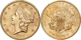 1857-S Liberty Head Double Eagle. Variety-20A. Spiked Shield. With One Pinch of California Gold Dust. MS-64 (PCGS). S.S. Central America Label.
PCGS#...