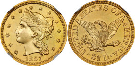 1857 Pattern Quarter Eagle. Judd-189 Gilt, Pollock-226. Rarity-7-. Copper, Gilt. Reeded Edge. Proof-60 (NGC).
PCGS# 11830. NGC ID: 29B8.
Ex (possibl...