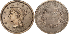 1868 Pattern Ten Cents. Judd-647, Pollock-720. Rarity-6-. Nickel. Plain Edge. Proof-66+ (PCGS). CAC.
PCGS# 60865. NGC ID: 29NZ.
PCGS Population: 1; ...