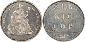1869 Pattern Liberty Seated Dime. Judd-717a, Pollock-798. Rarity-7+. Nickel Alloy. Reeded Edge. Proof-65 Cameo (PCGS). CAC. Retro Doily Holder.
PCGS#...