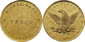 Undated (1849) Miners' Bank $10. K-1. Rarity-5+. AU-58 (PCGS).
PCGS# 10236. NGC ID: 2BBE.
PCGS Population: 5; 4 finer (MS-61 finest).