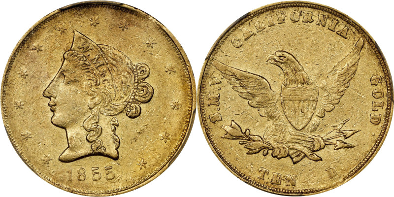 1855 Wass, Molitor & Co. $10. K-6. Rarity-6-. SSCA 7287. AU-55 (PCGS). Gold S.S....