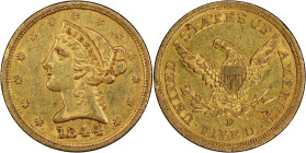 1844-D Liberty Head Half Eagle. Winter 11-G. AU-55 (PCGS).
PCGS# 8221. NGC ID: 25T9.
From the Fairmont Collection - Albertine Set.
From the Fairmon...