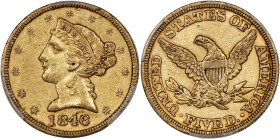 1846 Liberty Head Half Eagle. Large Date. EF-45 (PCGS).
PCGS# 8226. NGC ID: 28BG.
From the Fairmont Collection - Albertine Set.
From the Fairmont C...