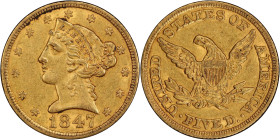 1847 Liberty Head Half Eagle. AU-55 (PCGS). CAC.
PCGS# 8231. NGC ID: 25TL.
From the Fairmont Collection - Albertine Set.
From the Fairmont Collecti...
