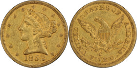 1852-C Liberty Head Half Eagle. Winter-1. AU-50 (PCGS). CAC.
PCGS# 8251. NGC ID: 25UB.
From the Fairmont Collection - Albertine Set.
From the Fairm...