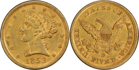 1853-D Liberty Head Half Eagle. Winter 35-X. Large D. AU-50 (PCGS). CAC.
PCGS# 8255. NGC ID: 25UF.
From the Fairmont Collection - Albertine Set.
Fr...