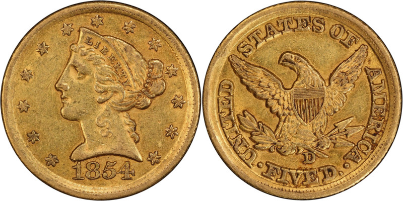 1854-D Liberty Head Half Eagle. Winter 36-AA. Large D. AU-55 (PCGS). CAC.
PCGS#...