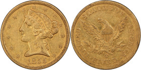 1855-C Liberty Head Half Eagle. Winter-1. Die State I. EF-45 (PCGS). CAC.
PCGS# 8262. NGC ID: 25UR.
From the Fairmont Collection - Albertine Set.
F...