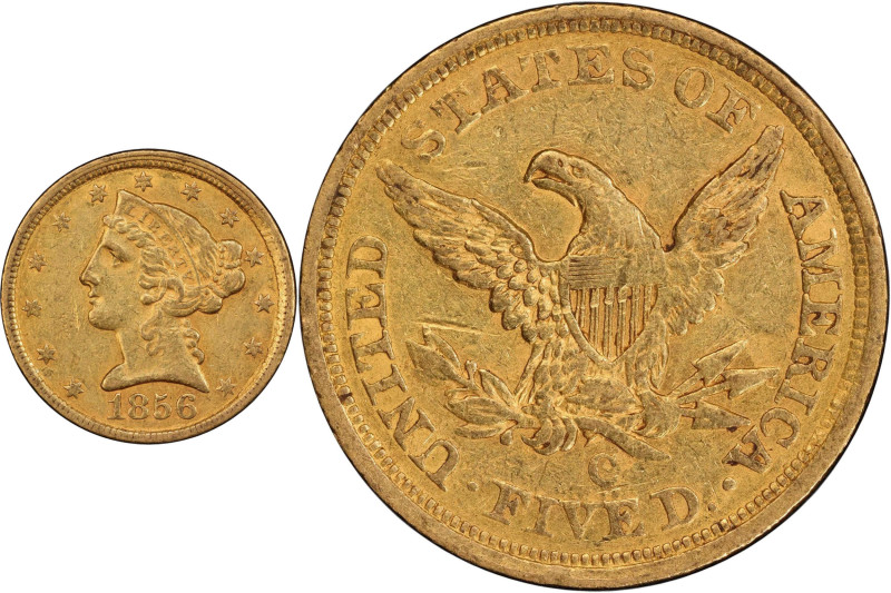 1856-C Liberty Head Half Eagle. Winter-1, the only known dies. EF-45 (PCGS).
PC...