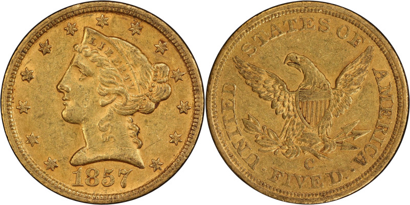 1857-C Liberty Head Half Eagle. Winter-1, the only known dies. AU-53 (PCGS).
PC...