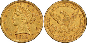 1858-C Liberty Head Half Eagle. Winter-1. AU-55 (PCGS). CAC.
PCGS# 8277. NGC ID: 25V8.
From the Fairmont Collection - Albertine Set.
From the Fairm...