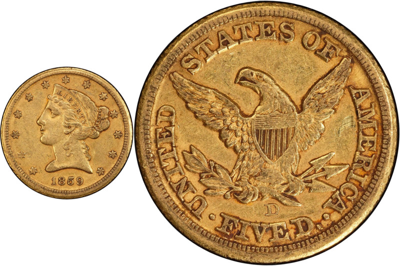 1859-D Liberty Head Half Eagle. Winter 44-HH. Medium D. EF-45 (PCGS).
PCGS# 828...