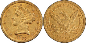 1860-C Liberty Head Half Eagle. Winter-1. AU-53 (PCGS). CAC.
PCGS# 8285. NGC ID: 25VG.
CAC Stickered Population: 4; 8.
From the Fairmont Collection...