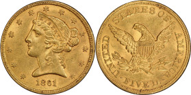 1861 Liberty Head Half Eagle. MS-62 (PCGS). CAC.
PCGS# 8288. NGC ID: 25VK.
From the Fairmont Collection - Albertine Set.
From the Fairmont Collecti...