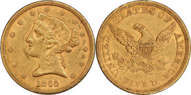 1865-S Liberty Head Half Eagle. AU-53 (PCGS).
PCGS# 8299. NGC ID: 25VX.
PCGS Population: 8; 13 finer (single MS-64 finest).
From the Fairmont Colle...