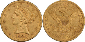 1884-CC Liberty Head Half Eagle. AU-55 (PCGS). CAC.
PCGS# 8365. NGC ID: 25XP.
From the Fairmont Collection - Albertine Set.
From the Fairmont Colle...