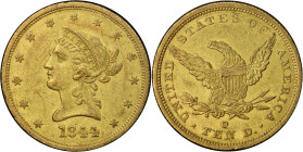 1844-O Liberty Head Eagle. Winter-5. Repunched Date. AU-53 (PCGS).
PCGS# 8591. NGC ID: 262T.
From the Fairmont Collection - Albertine Set.
From the...