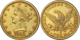 1845-O Liberty Head Eagle. Winter-1. Repunched Date. AU-50 (PCGS).
PCGS# 8593. NGC ID: 262V.
From the Fairmont Collection - Albertine Set.
From the...