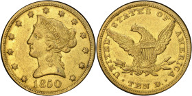 1850 Liberty Head Eagle. Large Date. AU-53 (PCGS). CAC.
PCGS# 8603. NGC ID: 2637.
From the Fairmont Collection - Albertine Set.
From the Fairmont C...