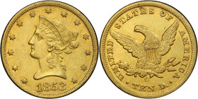 1853-O Liberty Head Eagle. Winter-1. AU-55 (PCGS). CAC.
PCGS# 8612. NGC ID: 263F.
From the Fairmont Collection - Albertine Set.
From the Fairmont C...