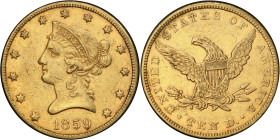 1859 Liberty Head Eagle. EF-45 (PCGS). CAC.
PCGS# 8628. NGC ID: 263Z.
CAC Stickered Population: 4; 11.
From the Fairmont Collection - Albertine Set...