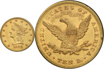 1868 Liberty Head Eagle. AU-55 (PCGS). CAC.
PCGS# 8653. NGC ID: 264N.
CAC Stickered Population: 7; 6.
From the Fairmont Collection - Albertine Set....