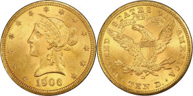 1906-D Liberty Head Eagle. MS-64 (PCGS). CAC.
PCGS# 8760. NGC ID: 2685.
From the Fairmont Collection - Albertine Set.
From the Fairmont Collection ...