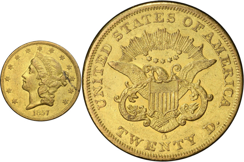 1857-O Liberty Head Double Eagle. Winter-1, the only known dies. AU-53 (PCGS).
...