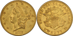 1857-S Liberty Head Double Eagle. AU-55 (PCGS).
PCGS# 8922. NGC ID: 2696.
From the Fairmont Collection - Albertine Set.
From the Fairmont Collectio...